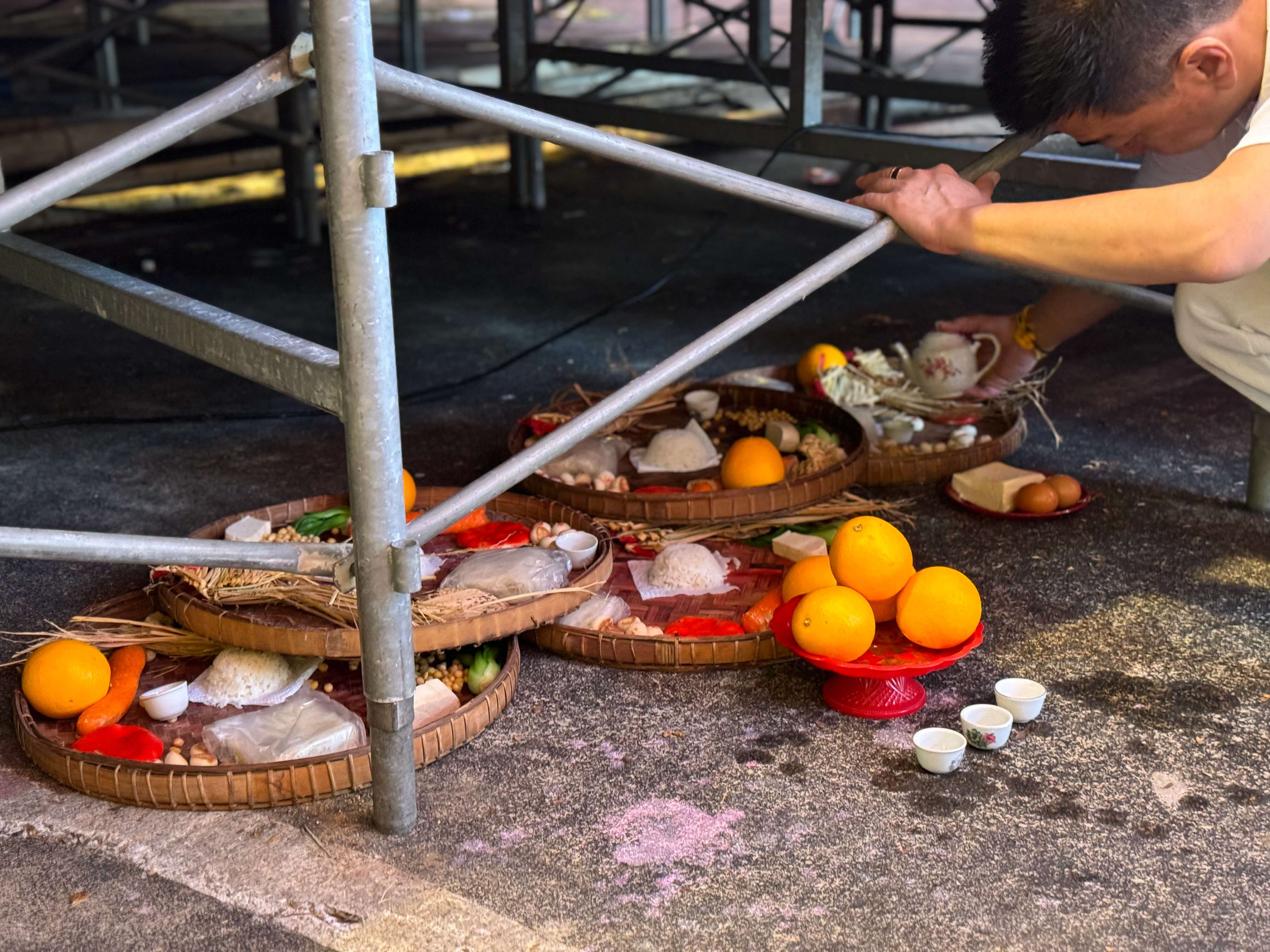 Offerings placed under the ritual stage. 